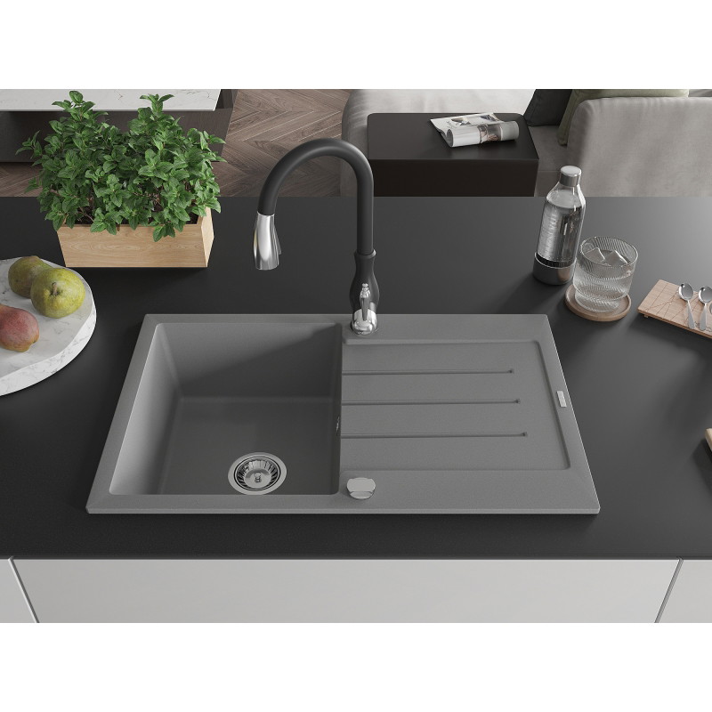 Mexen Bruno granite sink 1-bowl with drainer and kitchen faucet Savita, gray - 6513-71-672601-70