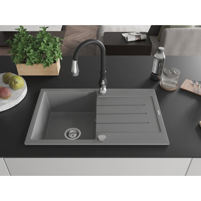 Mexen Bruno granite sink 1-bowl with drainer and Savita kitchen faucet, gray - 6513-71-672601-70