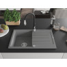 Mexen Bruno granite sink 1-bowl with drainer and kitchen faucet Savita, gray - 6513-71-672601-70