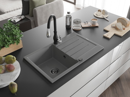 Mexen Bruno 1-bowl granite sink with drainer and Savita kitchen tap, grey - 6513-71-672601-70-B