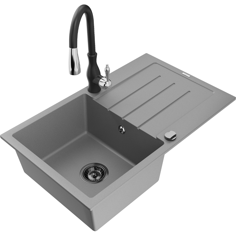 Mexen Bruno 1-compartment granite sink with a drip tray and kitchen mixer tap Savita, Grey - 6513-71-672601-70-B