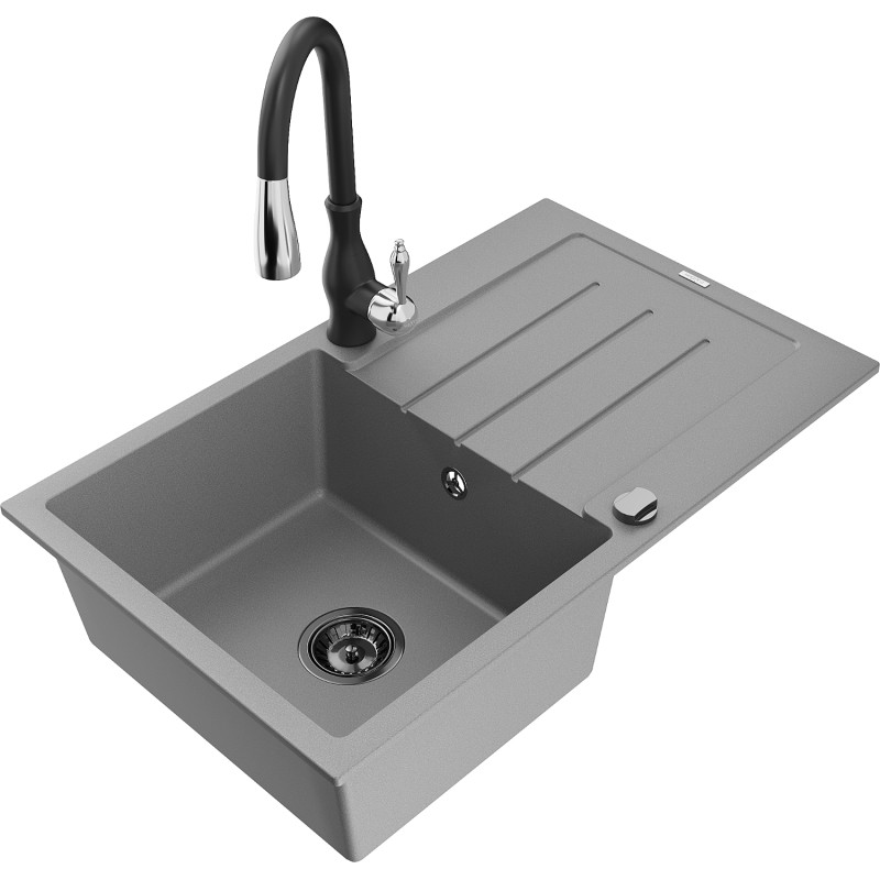 Mexen Bruno granite kitchen sink 1-bowl with drainer and kitchen faucet Savita, gray - 6513-71-672601-70-B