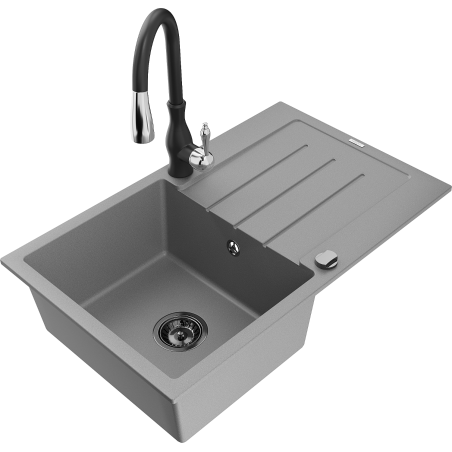 Mexen Bruno 1-compartment granite sink with a drip tray and kitchen mixer tap Savita, Grey - 6513-71-672601-70-B