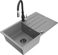 Mexen Bruno 1-bowl granite sink with drainer and Savita kitchen tap, grey - 6513-71-672601-70-B