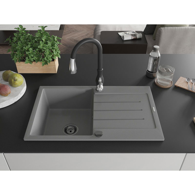 Mexen Bruno 1-bowl granite sink with drainer and Savita kitchen tap, grey - 6513-71-672601-70-B