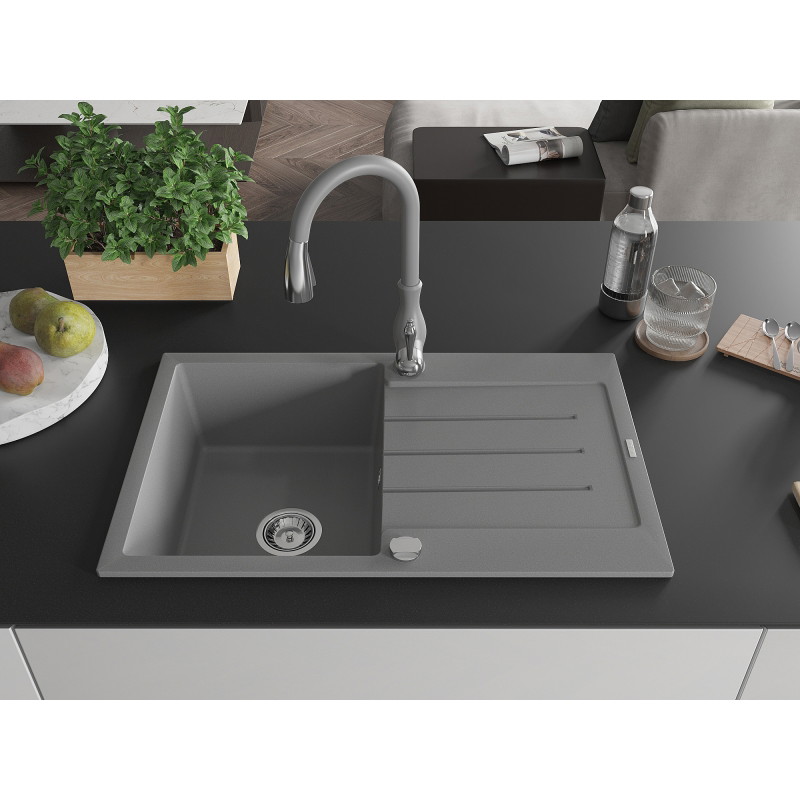 Mexen Bruno single-bowl granite sink with drainer and Savita kitchen faucet, gray - 6513-71-672601-71