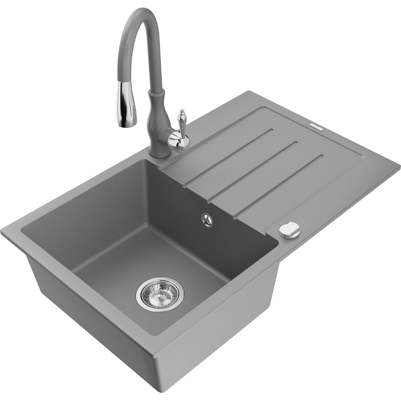 Mexen Bruno 1-compartment granite sink with a drip tray and kitchen mixer tap Savita, Grey - 6513-71-672601-71