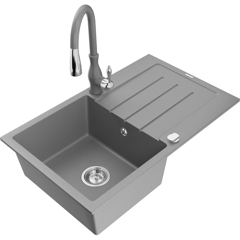Mexen Bruno granite kitchen sink 1-bowl with drainer and Savita kitchen tap, grey - 6513-71-672601-71