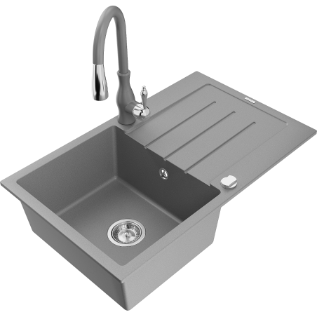 Mexen Bruno 1-compartment granite sink with a drip tray and kitchen mixer tap Savita, Grey - 6513-71-672601-71