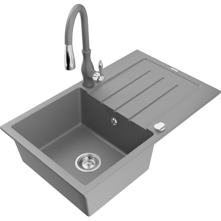 Mexen Bruno granite kitchen sink 1-bowl with drainer and Savita kitchen tap, grey - 6513-71-672601-71
