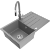 Mexen Bruno 1-compartment granite sink with a drip tray and kitchen mixer tap Savita, Grey - 6513-71-672601-71