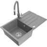 Mexen Bruno granite kitchen sink 1-bowl with drainer and Savita faucet, gray - 6513-71-672601-71
