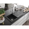 Mexen Bruno granite sink 1-bowl with drainer and Savita kitchen tap, black/silver metallic - 6513-73-672601-00