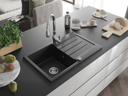 Mexen Bruno granite sink 1-bowl with drainer and Savita kitchen faucet, black/silver metallic - 6513-73-672601-00