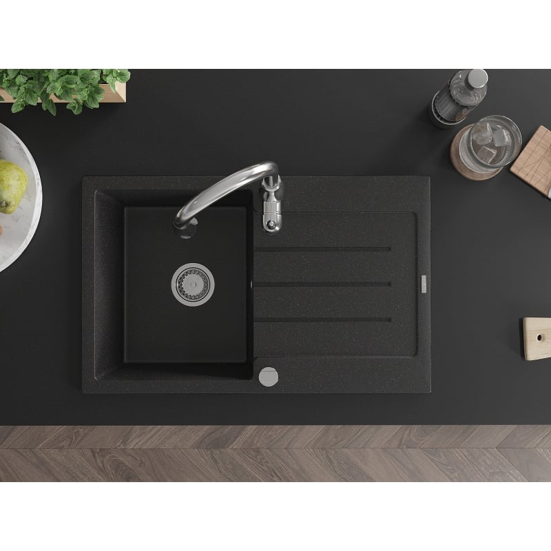 Mexen Bruno granite sink 1-bowl with drainer and Savita kitchen faucet, black/silver metallic - 6513-73-672601-00