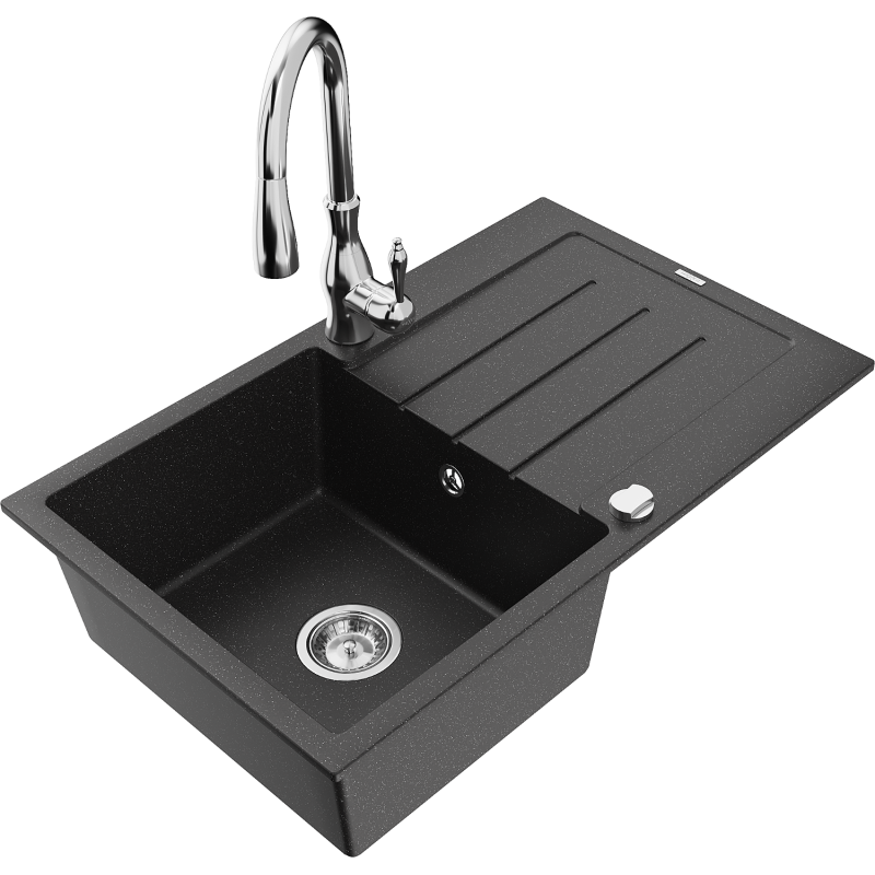 Mexen Bruno 1-compartment granite sink with a drip tray and kitchen mixer tap Savita, Black/Silver metallic - 6513-73-672601-00