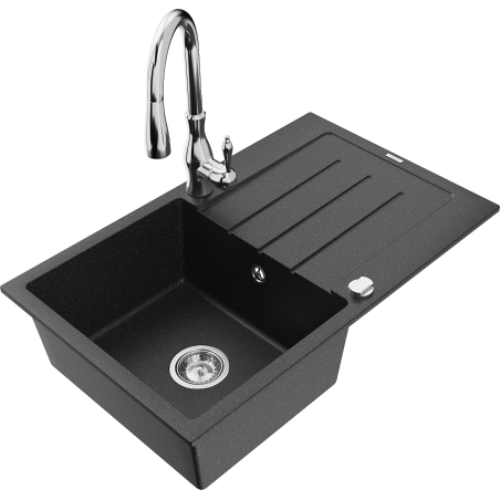 Mexen Bruno granite sink 1-bowl with drainer and Savita kitchen faucet, black/silver metallic - 6513-73-672601-00