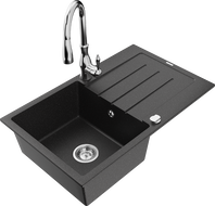 Mexen Bruno granite sink 1-bowl with drainer and Savita kitchen faucet, black/silver metallic - 6513-73-672601-00