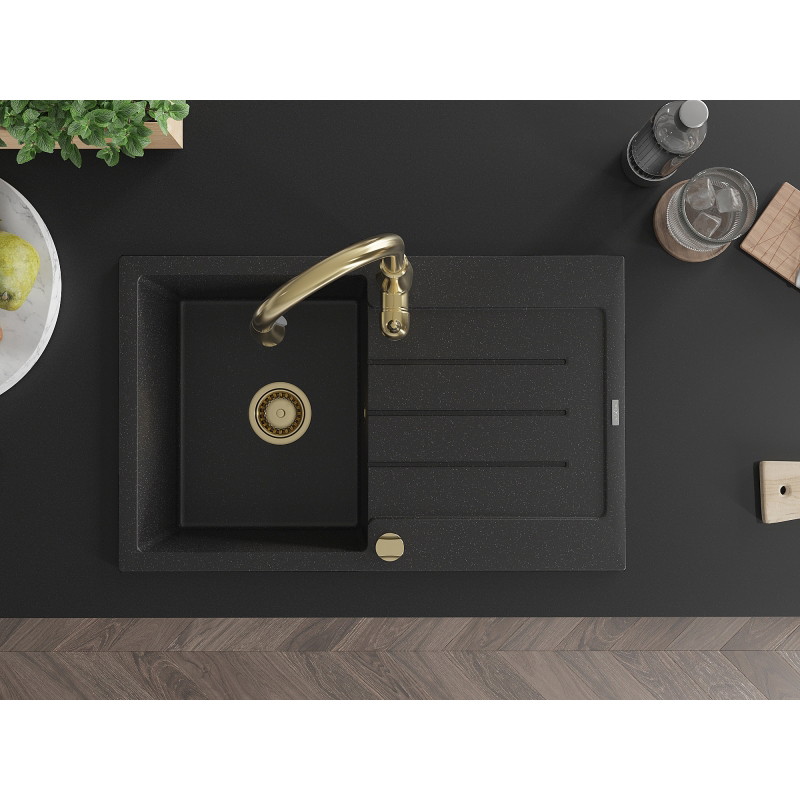 Mexen Bruno granite kitchen sink 1-bowl with drainer and Savita kitchen faucet, black/silver metallic - 6513-73-672601-50