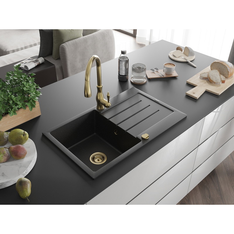 Mexen Bruno granite kitchen sink 1-bowl with drainer and Savita kitchen faucet, black/silver metallic - 6513-73-672601-50