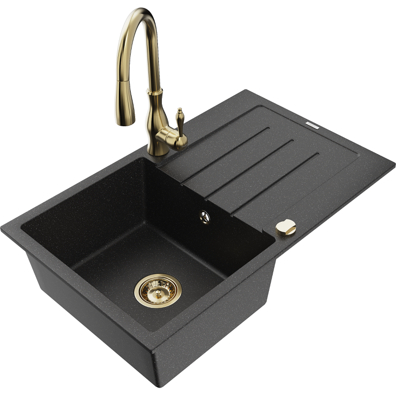 Mexen Bruno 1-compartment granite sink with a drip tray and kitchen mixer tap Savita, Black/Silver metallic - 6513-73-672601-50