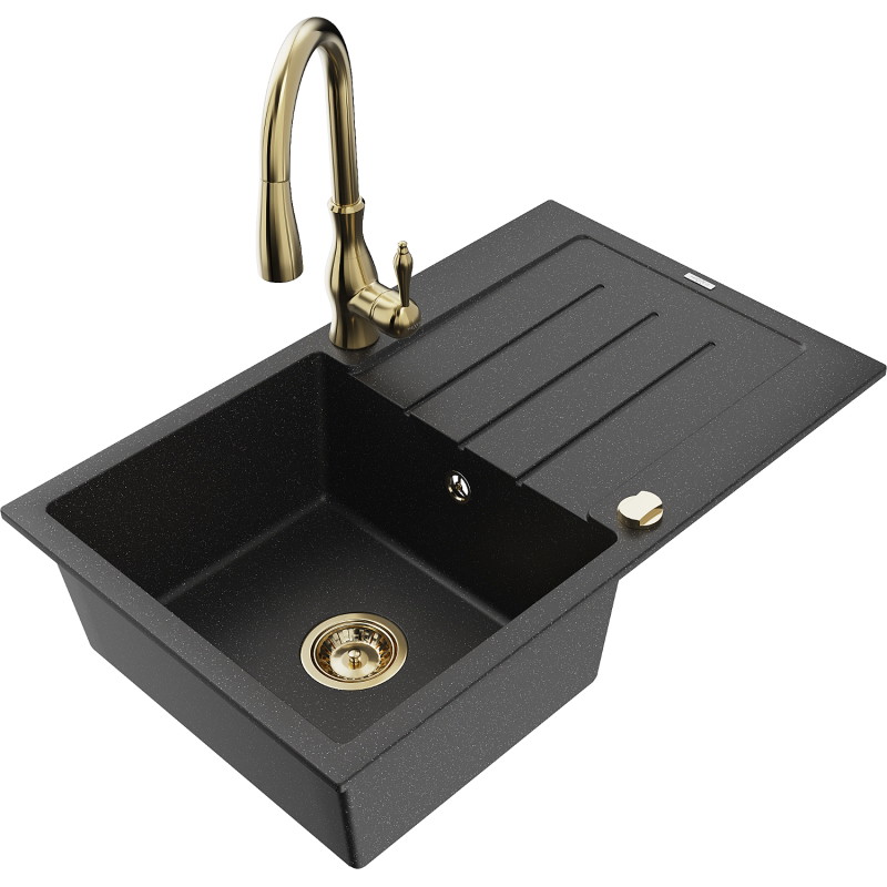 Mexen Bruno granite kitchen sink 1-bowl with drainer and Savita kitchen faucet, black/silver metallic - 6513-73-672601-50