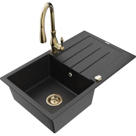 Mexen Bruno granite kitchen sink 1-bowl with drainer and Savita kitchen faucet, black/silver metallic - 6513-73-672601-50