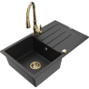 Mexen Bruno granite kitchen sink 1-bowl with drainer and Savita kitchen faucet, black/silver metallic - 6513-73-672601-50