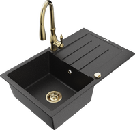 Mexen Bruno granite sink, 1-bowl with drainer and Savita kitchen tap, black/silver metallic - 6513-73-672601-50