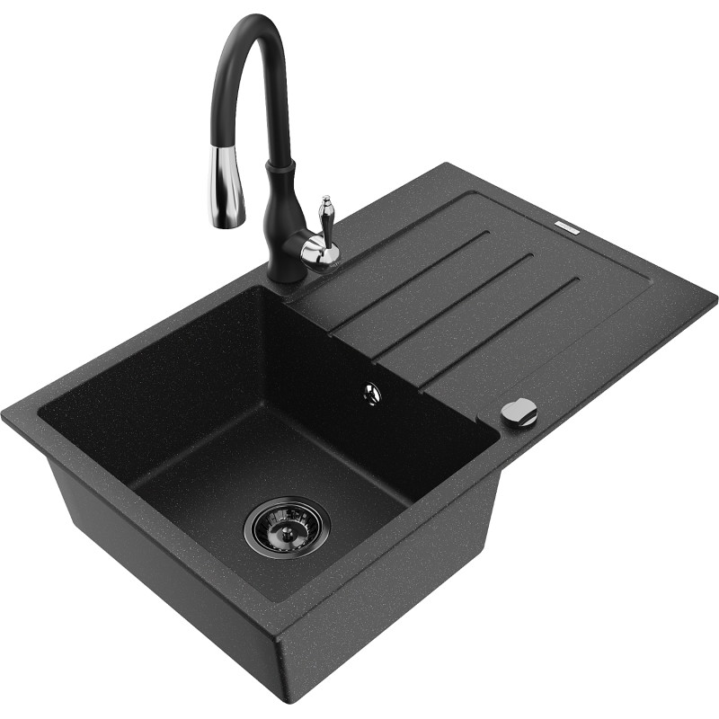 Mexen Bruno granite single-bowl sink with drainer and Savita kitchen faucet, black/silver - 6513-73-672601-70-B