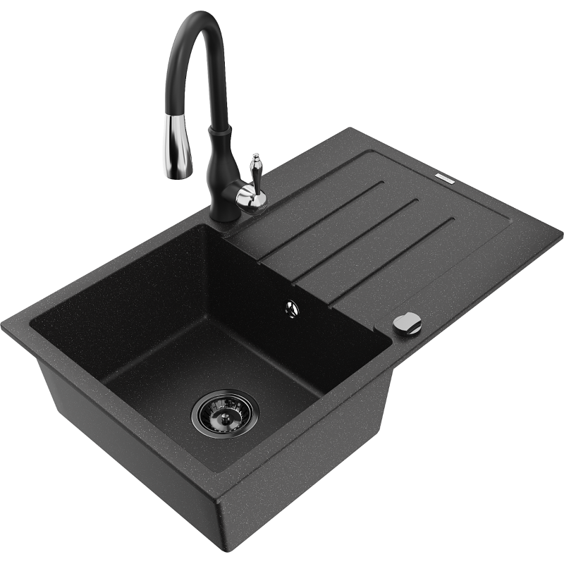 Mexen Bruno granite sink 1-bowl with drainer and Savita kitchen tap, black/silver - 6513-73-672601-70-B