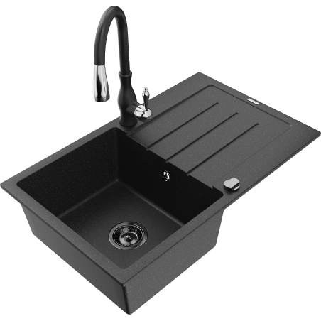 Mexen Bruno granite single-bowl sink with drainer and Savita kitchen faucet, black/silver - 6513-73-672601-70-B