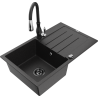 Mexen Bruno 1-compartment granite sink with a drip tray and kitchen mixer tap Savita, Black/Silver - 6513-73-672601-70-B