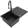 Mexen Bruno granite sink 1-bowl with drainer and Savita kitchen tap, black/silver - 6513-73-672601-70-B