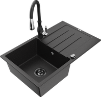 Mexen Bruno granite sink 1-bowl with drainer and Savita kitchen tap, black/silver - 6513-73-672601-70-B