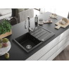 Mexen Bruno granite kitchen sink 1-bowl with drainer and Savita kitchen faucet, black/gold metallic - 6513-75-672601-00