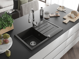 Mexen Bruno 1-compartment granite sink with a drip tray and kitchen mixer tap Savita, Black/Gold metallic - 6513-75-672601-00