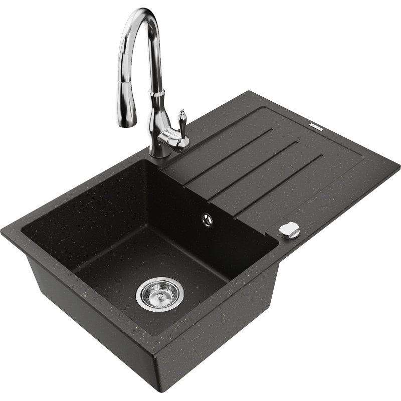 Mexen Bruno 1-bowl granite sink with drainer and Savita kitchen tap, black/gold metallic - 6513-75-672601-00