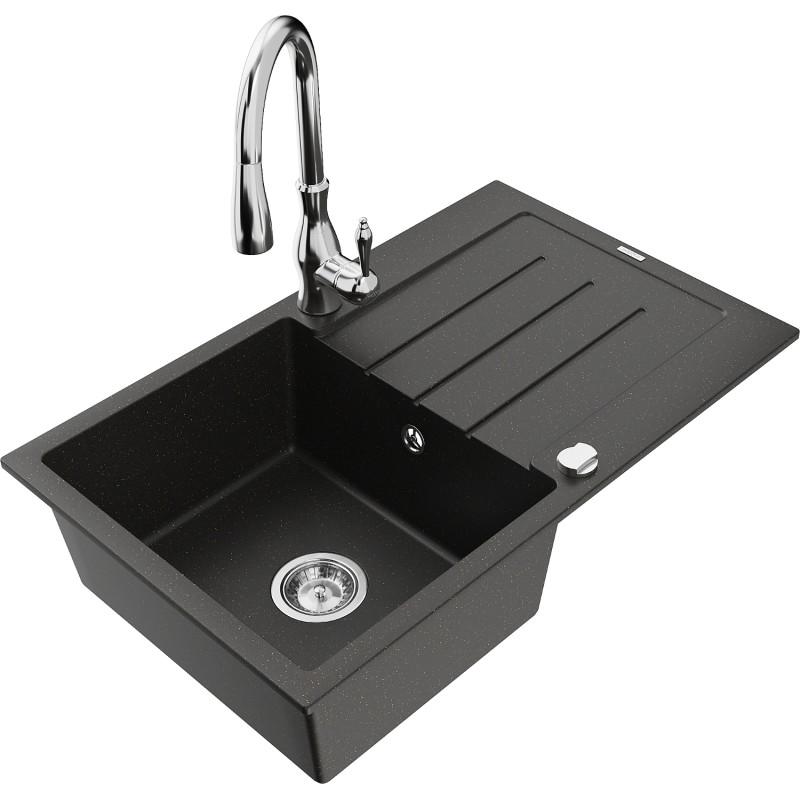 Mexen Bruno granite kitchen sink 1-bowl with drainer and Savita kitchen faucet, black/gold metallic - 6513-75-672601-00
