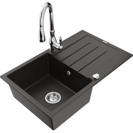 Mexen Bruno 1-bowl granite sink with drainer and Savita kitchen tap, black/gold metallic - 6513-75-672601-00