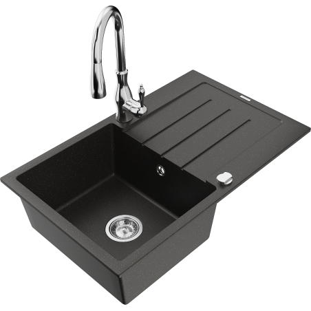 Mexen Bruno granite kitchen sink 1-bowl with drainer and Savita kitchen faucet, black/gold metallic - 6513-75-672601-00