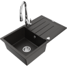 Mexen Bruno 1-bowl granite sink with drainer and Savita kitchen tap, black/gold metallic - 6513-75-672601-00
