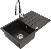 Mexen Bruno granite kitchen sink 1-bowl with drainer and Savita kitchen faucet, black/gold metallic - 6513-75-672601-00