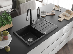 Mexen Bruno 1-bowl granite sink with drainer and Savita kitchen tap, black/silver metallic - 6513-73-672601-70