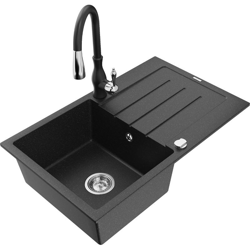 Mexen Bruno 1-bowl granite kitchen sink with drainboard and kitchen faucet Savita, black/silver metallic - 6513-73-672601-70