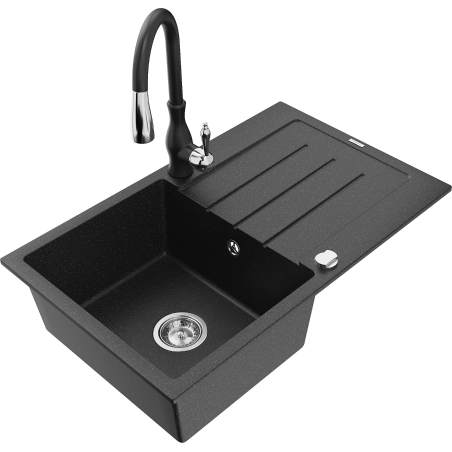 Mexen Bruno 1-bowl granite sink with drainer and Savita kitchen tap, black/silver metallic - 6513-73-672601-70