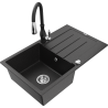 Mexen Bruno 1-bowl granite kitchen sink with drainboard and kitchen faucet Savita, black/silver metallic - 6513-73-672601-70