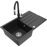 Mexen Bruno granite kitchen sink 1-bowl with drainer and kitchen faucet Savita, black/silver metallic - 6513-73-672601-70