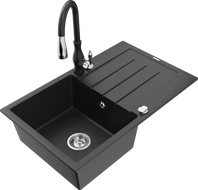 Mexen Bruno 1-bowl granite sink with drainer and Savita kitchen tap, black/silver metallic - 6513-73-672601-70