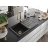 Mexen Bruno 1-bowl granite sink with drainer and Savita kitchen tap, black/golden metallic - 6513-75-672601-50